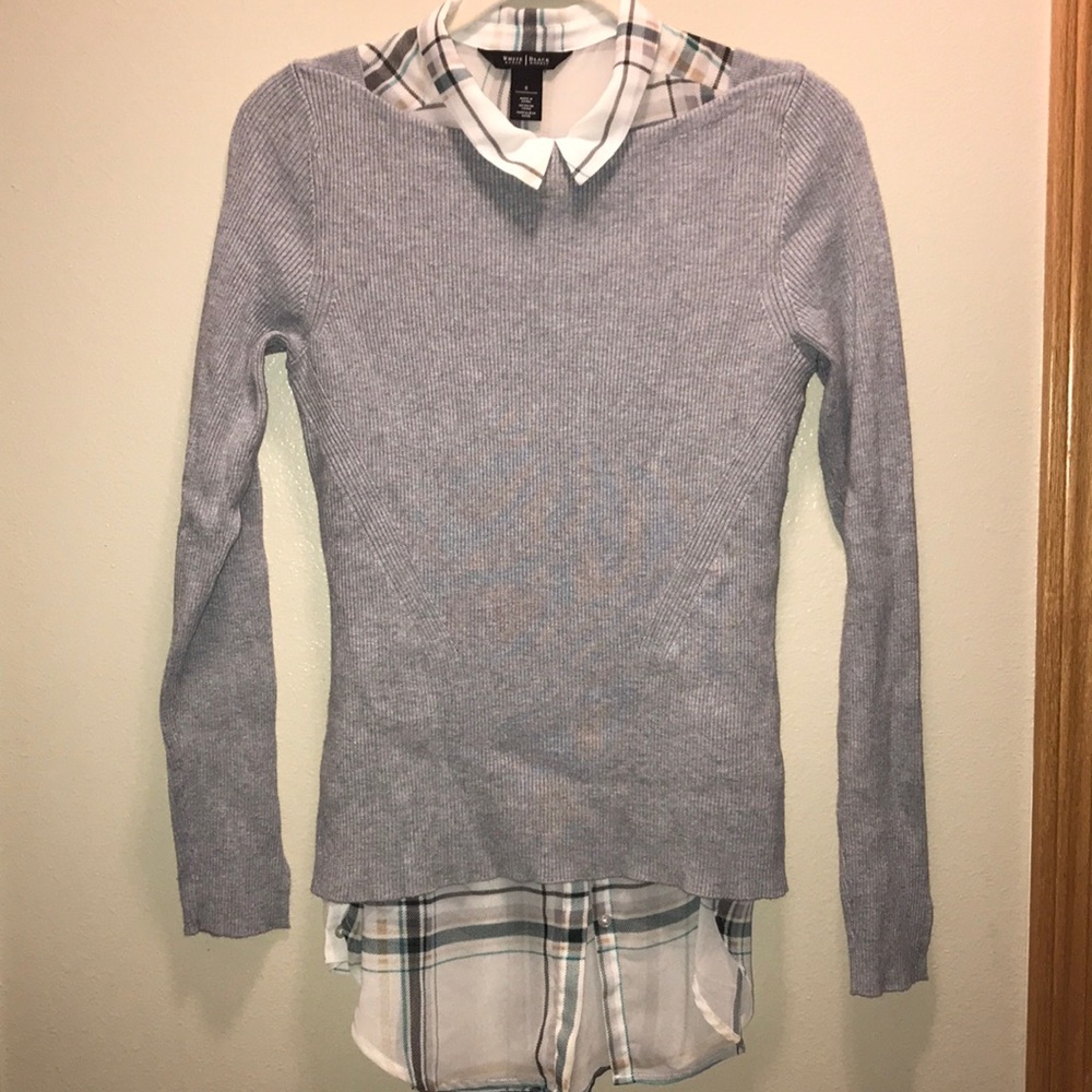 WHBM  sheer blouse & gray sweater combo